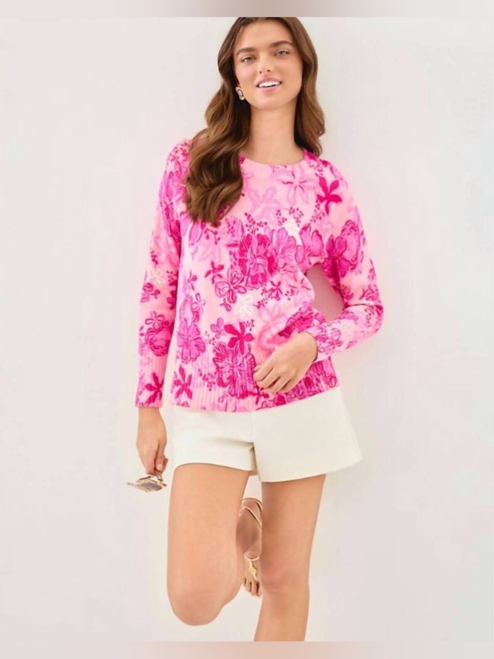 Lilly Pulitzer Salima Crew Neck Knit Sweater Parigi Pink Floral Size XXS